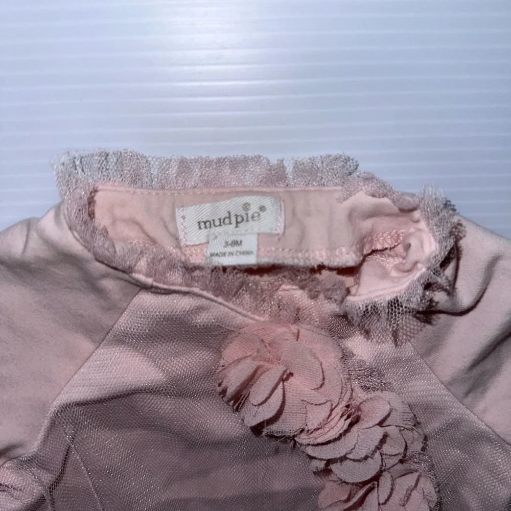 Girl Mud Pie Blouse 3-6M Pink ruffle baby flowers fancy tulle embellishment